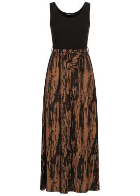 Cloud5ive Damen 2-Tone Kleid mit Bindegürtel und Abstrakt Print schwarz braun
